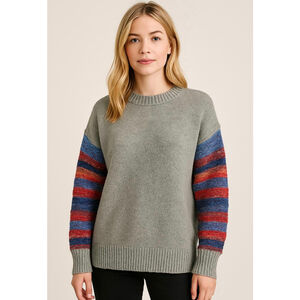 Women's Hem & Thread Gray Multicolor Striped Sleeve Crew Neck Sweater Lg Neutral
